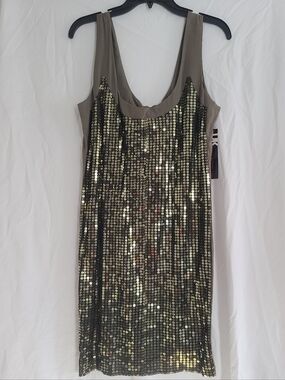 NWT French Connection UK Style Gold Sequin-front Tank Dress in Fatigue